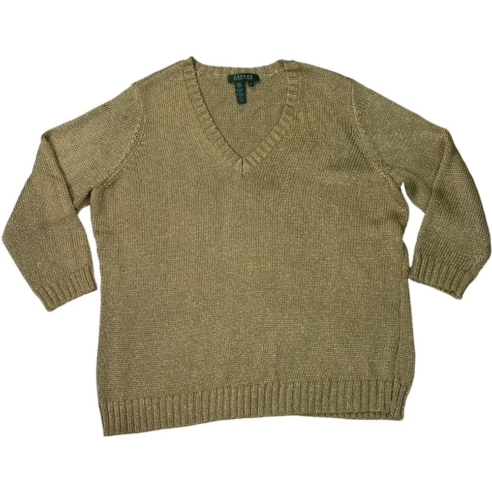 LAUREN RALPH LAUREN METALLIC GOLD V-NECK 3/4 SLEEVE RIBBED PULLOVER SWEATER